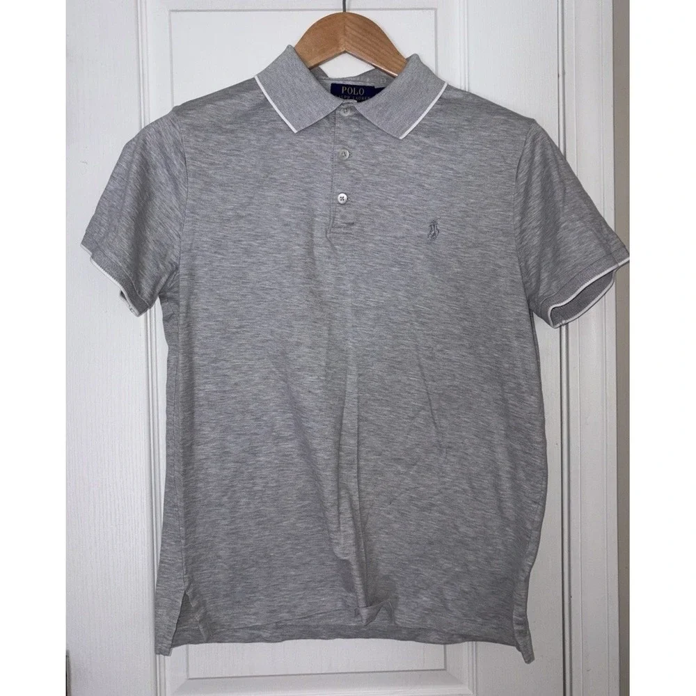 Polo Ralph Lauren Polo Shirt Gray Solid Medium Pony Custom Fit Contrasting Trim